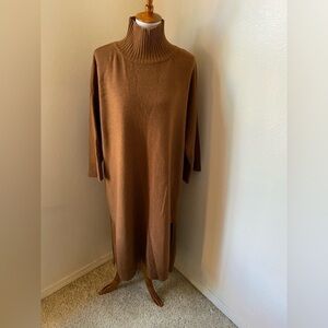 Studio Tomboy Women’s Sweater Dress Brown Size XL Turtleneck Fall Side Slit MIDI